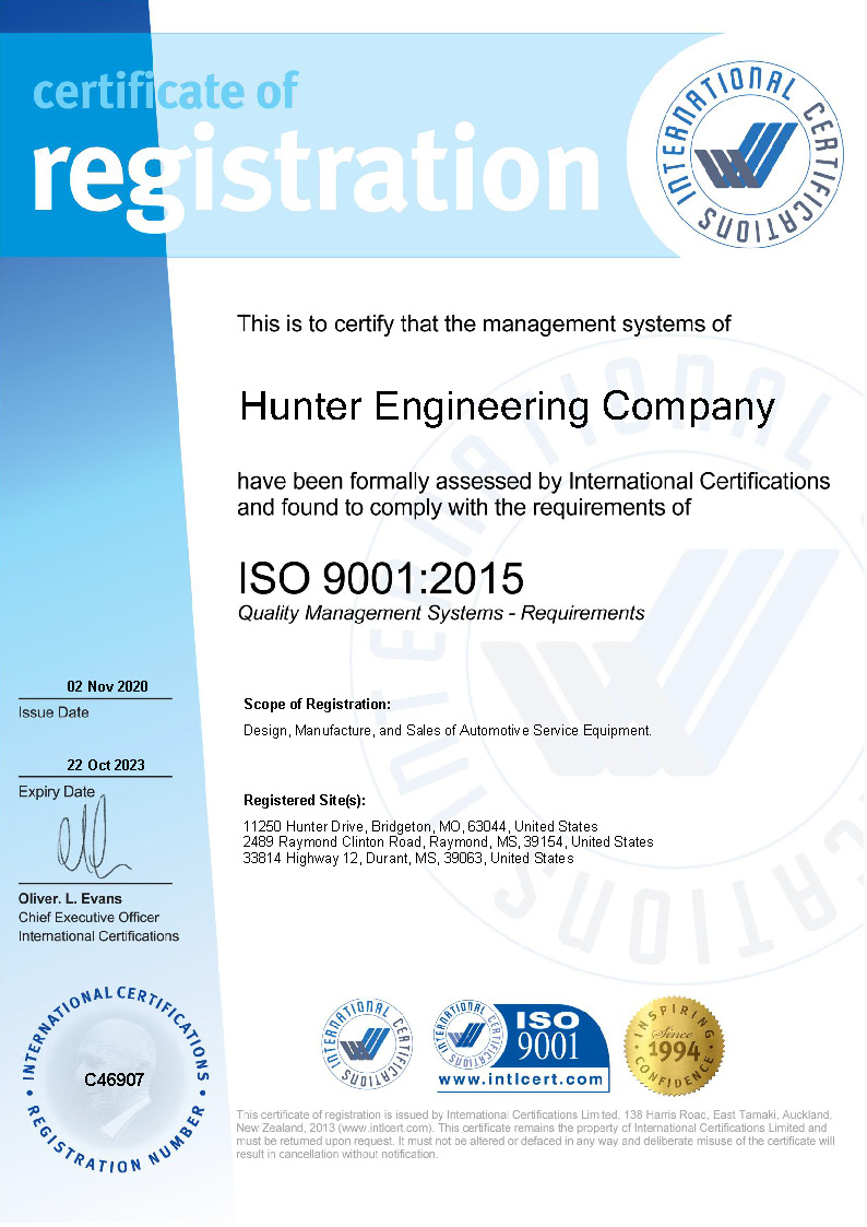 Hunter Engineering ISO 9001-2015 Certificate