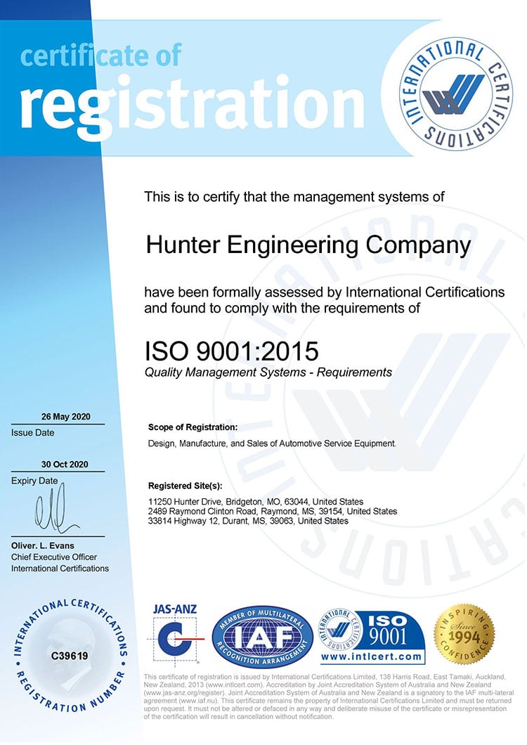 Hunter Engineering ISO 9001-2015 Certificate