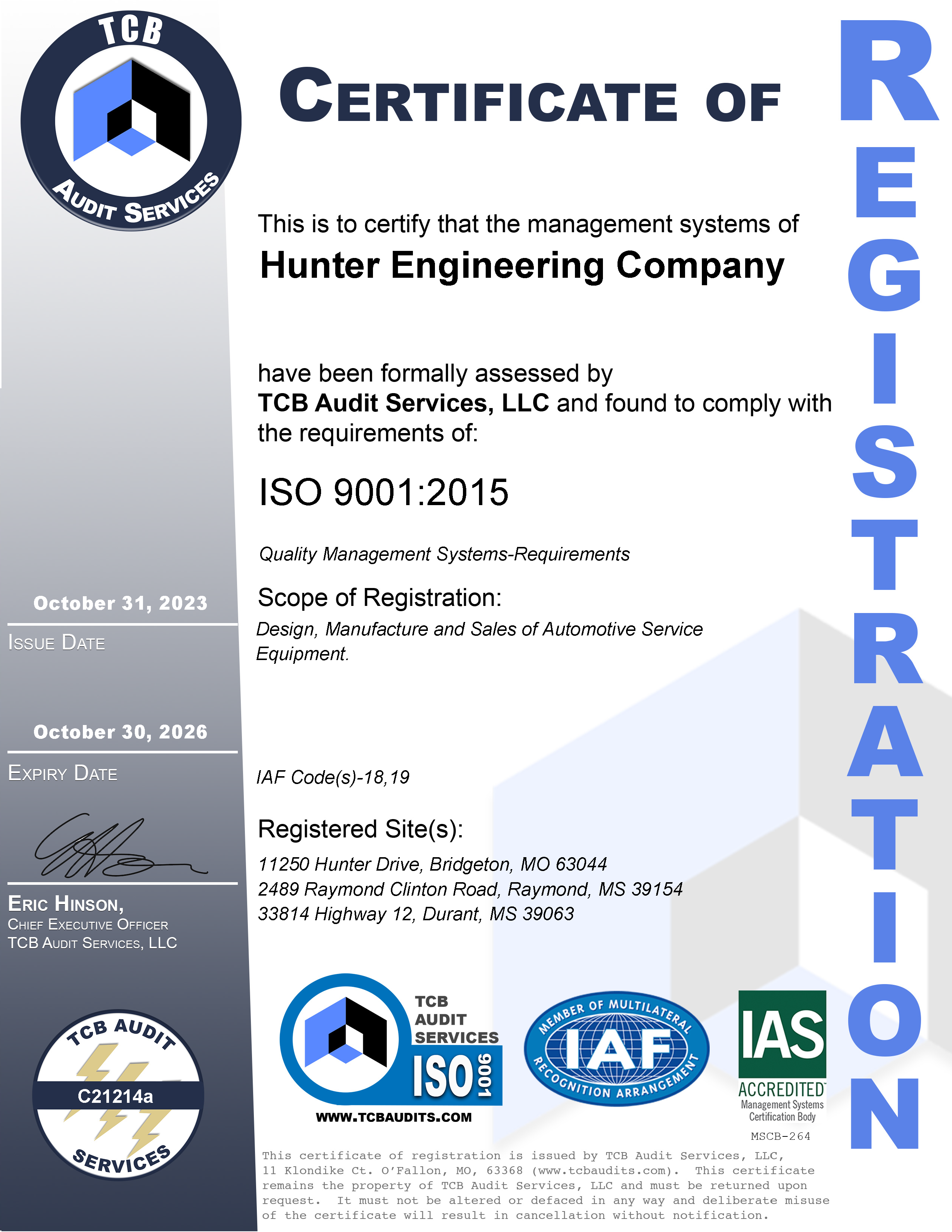 Hunter Engineering ISO 9001-2015 Zertifikat