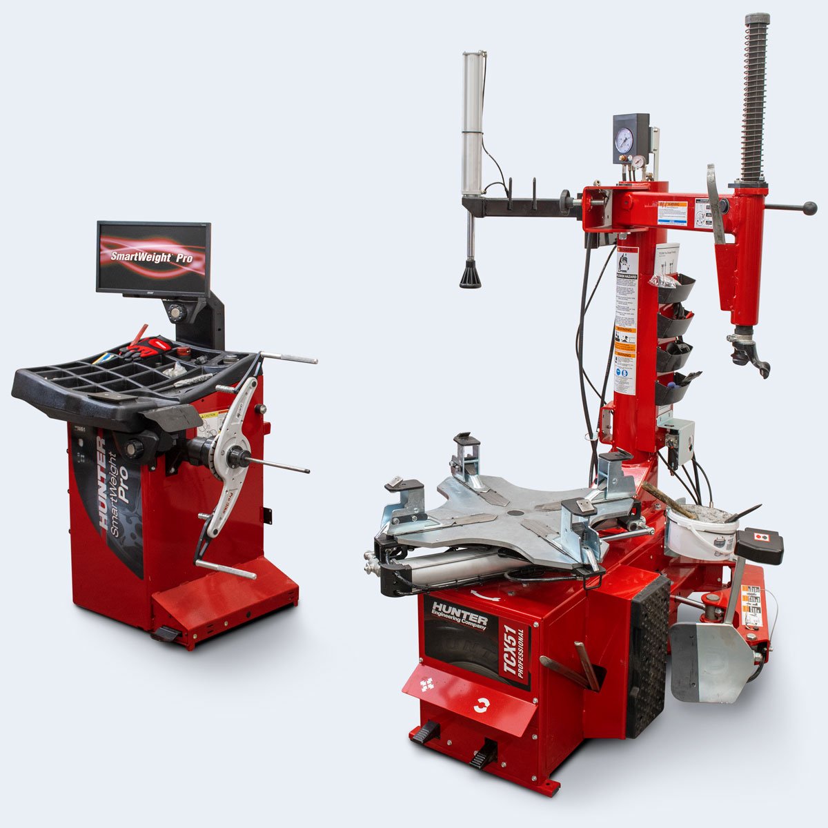 hunter smartweight pro wheel balancer and tcx table-top tire changer with motorcycle wheel service setup