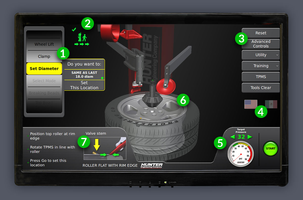 hunter revolution tire changer monitor showing set diameter option